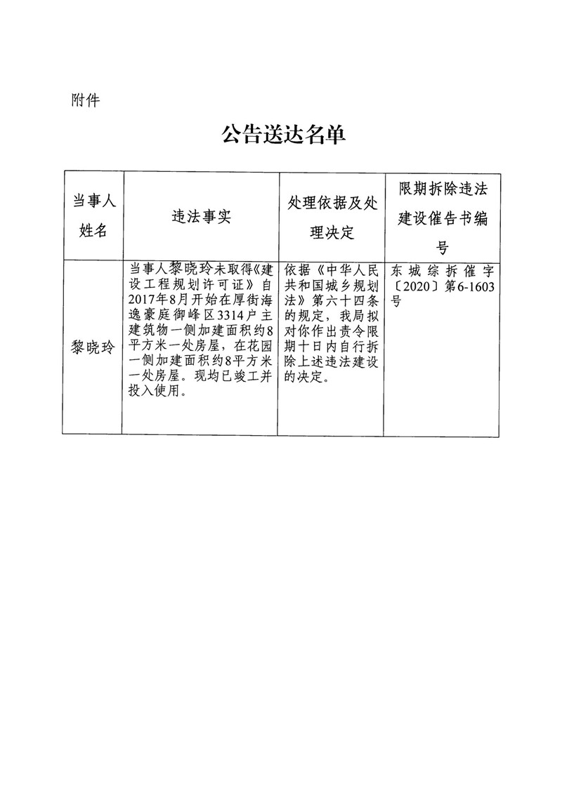 东城综告〔2021〕85号关于黎晓玲送达《限期拆除违法建设催告书》的公告_01.jpg